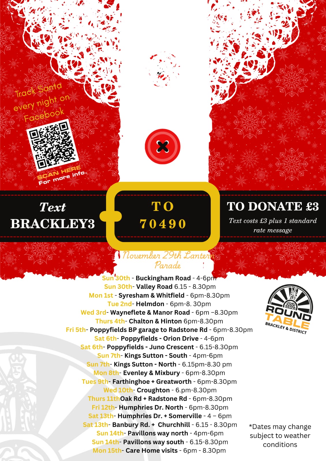 2025 brackley Roundtable Santa Float Route times